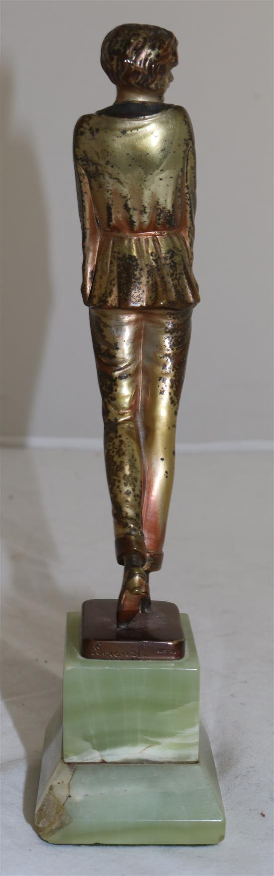 A Lorenzl patinated bronze figure of a young lady wearing a pyjama suit, 9in.